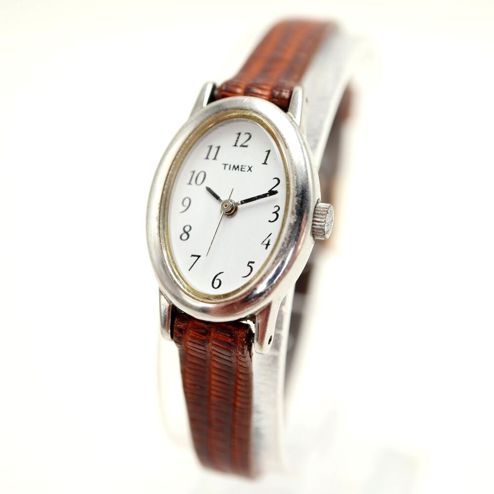 Vintage Timex Slim Silver Tone Oval 18mm Women Watch Brown Leather w New Battery